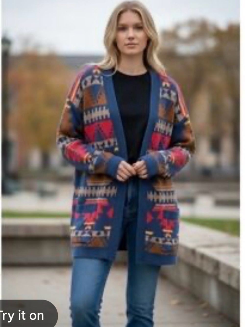 Lucky Brand Aztec Open-Front Cardigan - Blue, Red, Brown